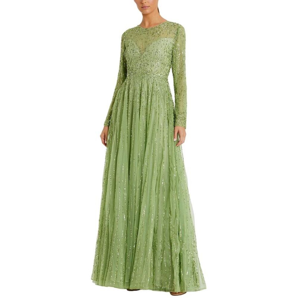 Mac Duggal Olive Sage Beaded Long Sleeve Maxi Gown
